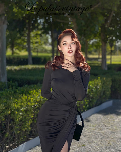 le palais  elegant black asymmetrical pleated high slit slim long dress-PEBBLE