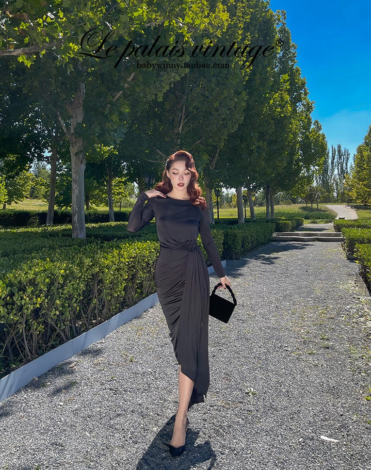 le palais  elegant black asymmetrical pleated high slit slim long dress-PEBBLE