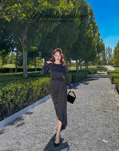 le palais  elegant black asymmetrical pleated high slit slim long dress-PEBBLE