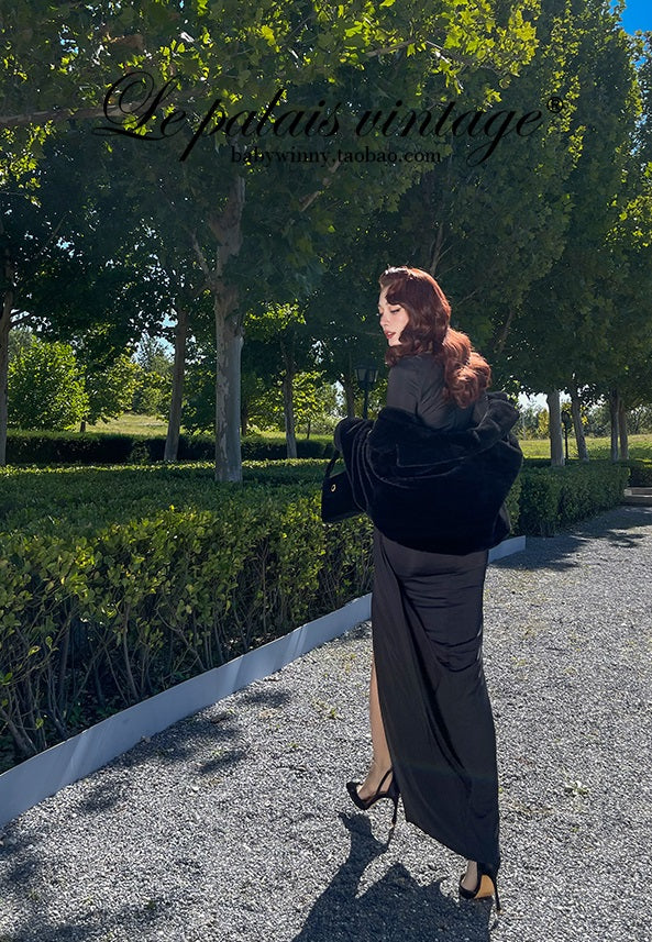 le palais  elegant black asymmetrical pleated high slit slim long dress-PEBBLE