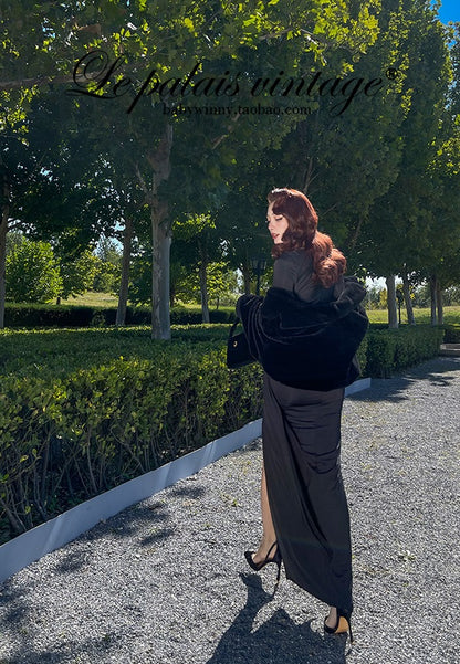 le palais  elegant black asymmetrical pleated high slit slim long dress-PEBBLE