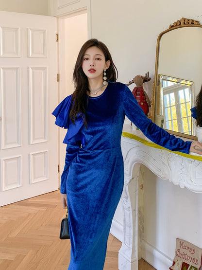 DOLLY Elegant Velvet Crew Neck Long Sleeve Ruffle Long Banquet Dress-PELKA