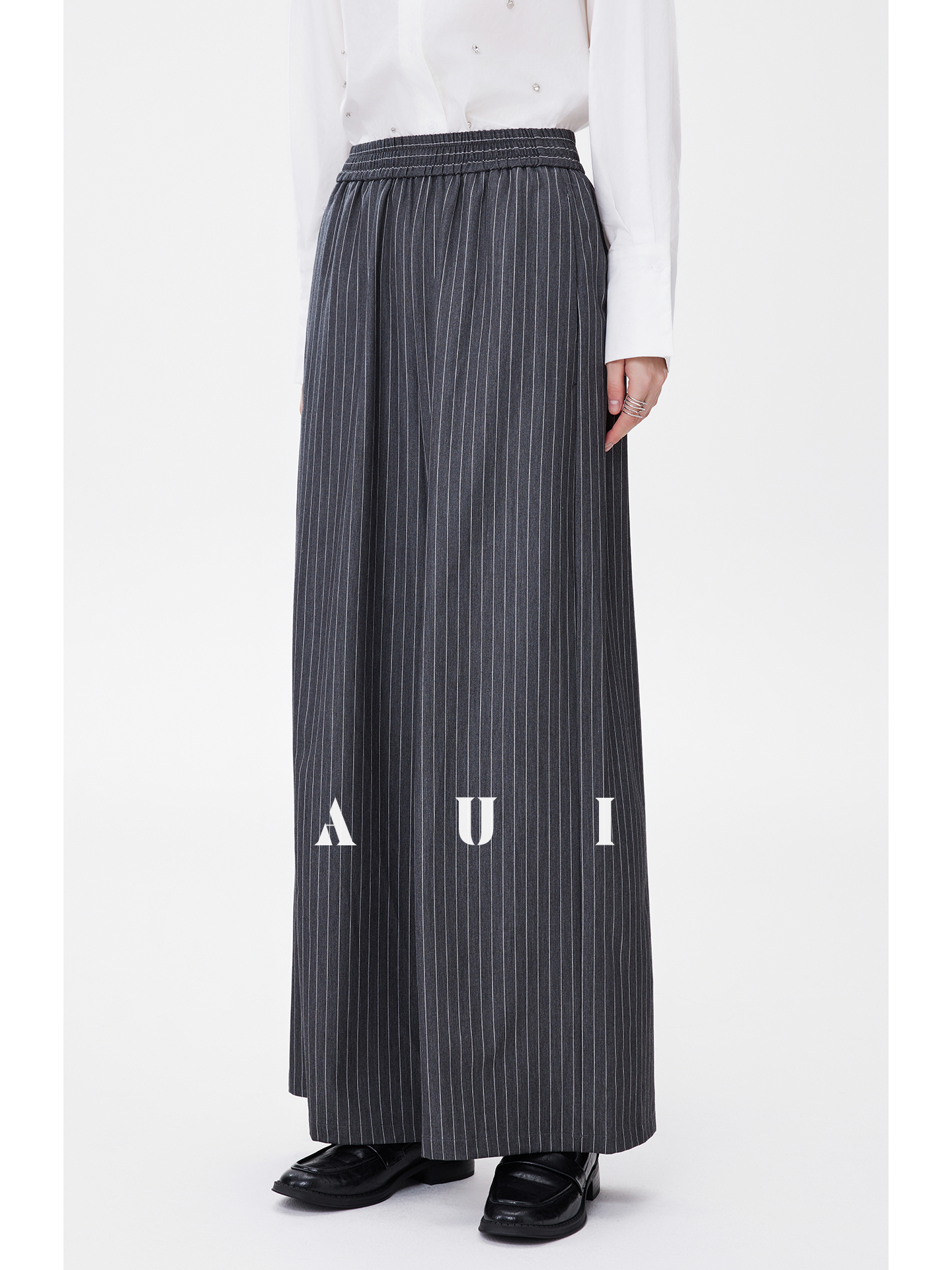 AUI Gray Striped High Intelligence Suit Wide-leg Temperament Loose Pants - Ji-woo