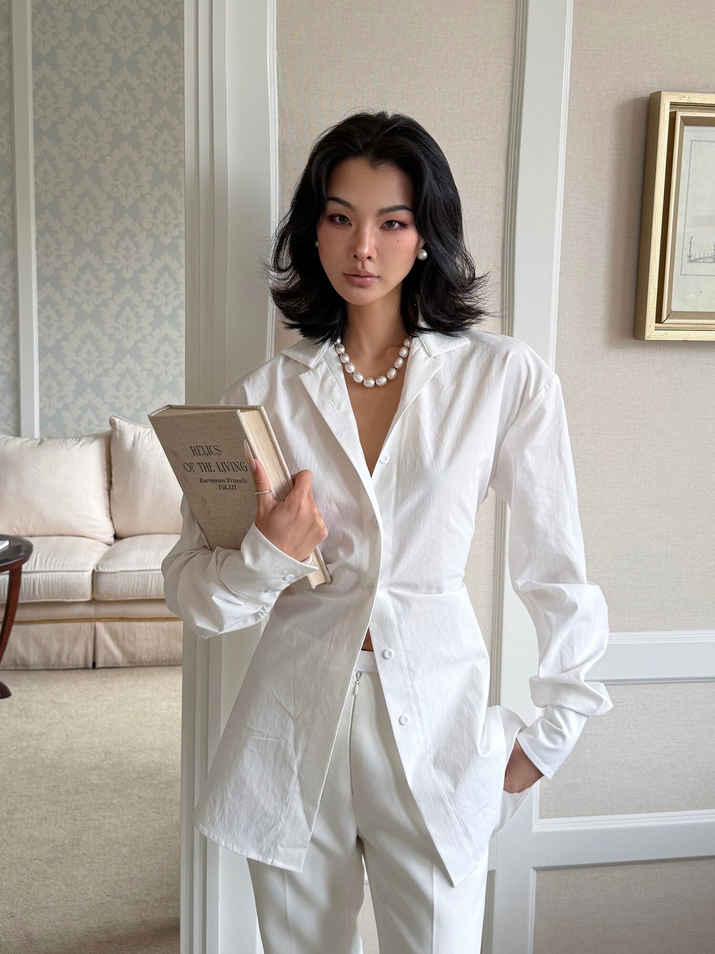 MEI SANGUAN White Slim Shirt & Bootcut Slacks Suit - AISHA
