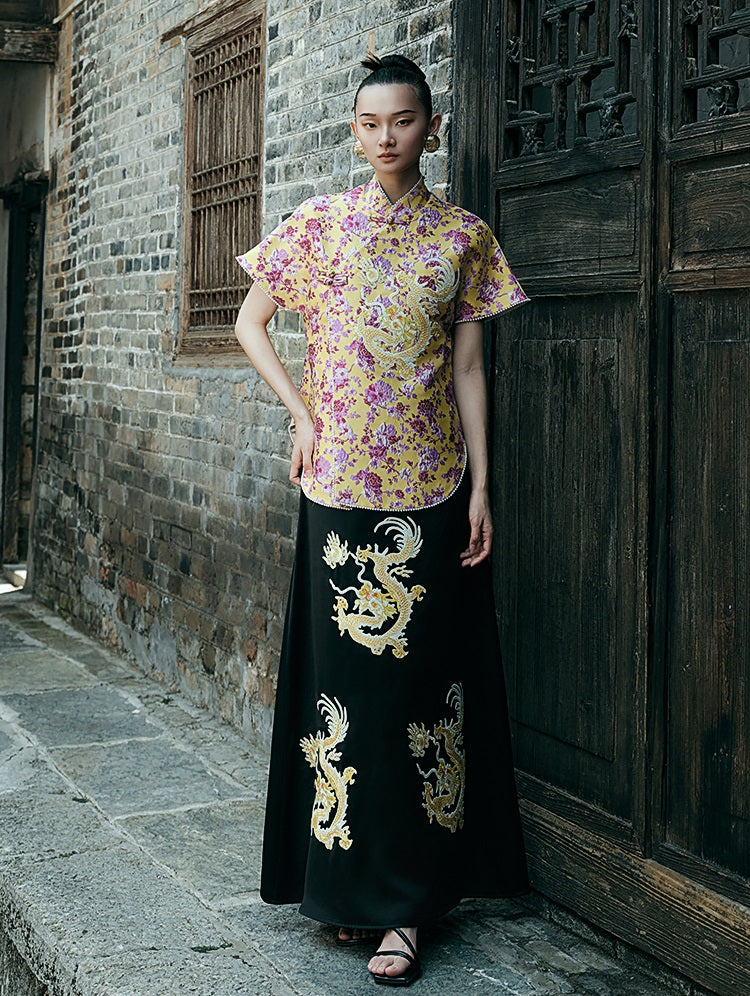 HECO Chinese Embroidery Golden Dragon Acetate Skirt - ALPHA.