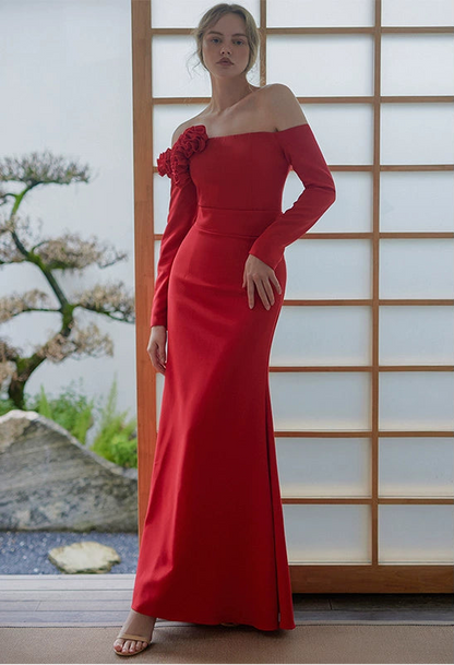 GOUDIN red off-shoulder long-sleeved evening dress-TOSIA.