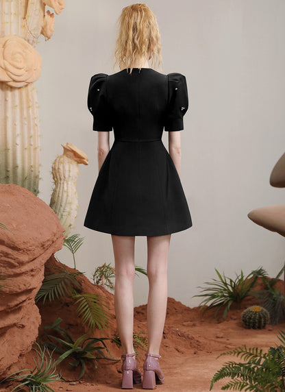 CHECOCRE summer new commuter open waist puff sleeve heavy industry beaded dress - TUOR