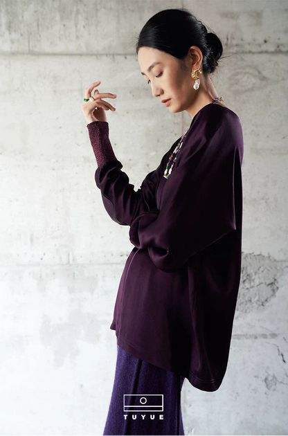 TUYUE Purple Acetate Satin Loose Silhouette Long-sleeved Top-ALANA