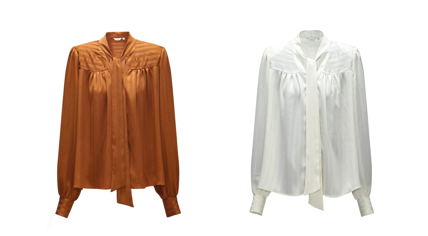 WANGXO Bright Silk Satin with 3D Drawstring Detail Temperament V-Neck - LENNA