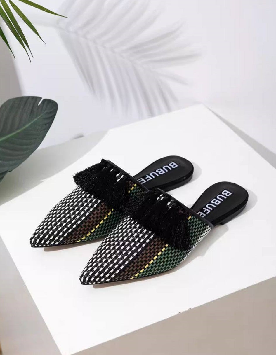B-FEI  woven black tassel flat mules-DERY.