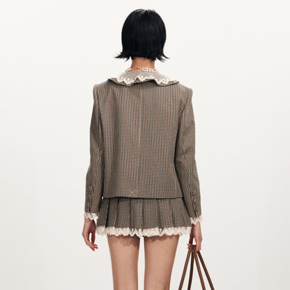 FAME Ruffled Lace Vintage Check Short Jacket Top - KYLA.