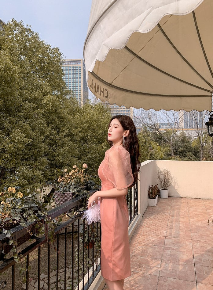 DOLLY Elegant V-Neck Short Mesh Puff Sleeve High Waist Midi Luncheon Dress-CHILE