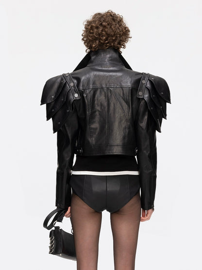 ANNAKIKI black deconstructed three-dimensional short leather jacket-AZUSA