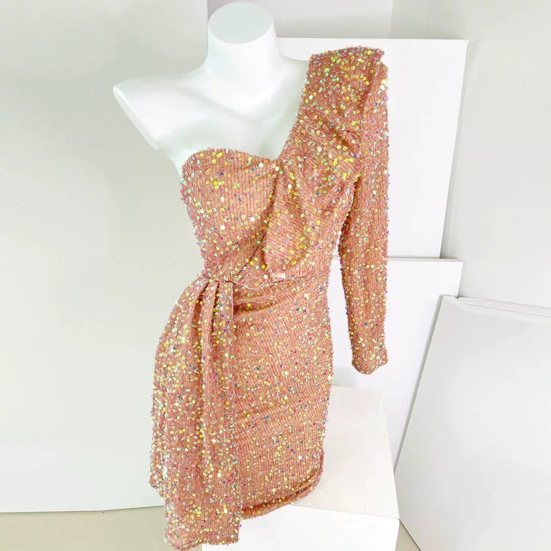 DOLLY Luxury White Sequined Slant Collar Off Shoulder Long Sleeve Dinner Dress-KAKA