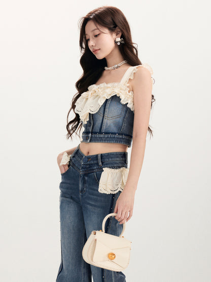 FAME Madeira Embroidered Denim Panelled Suspender Top Women's Outerwear