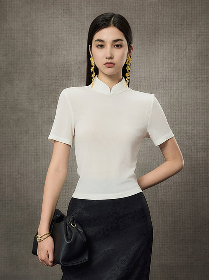 HECO Disc Button Acetate Knit Drop Neck T-Shirt - ROMAN.