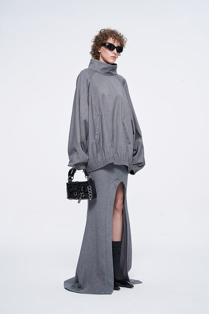 ANNAKIKI Gray Wool Casual Loose Pullover Stand Collar Top-EIKO