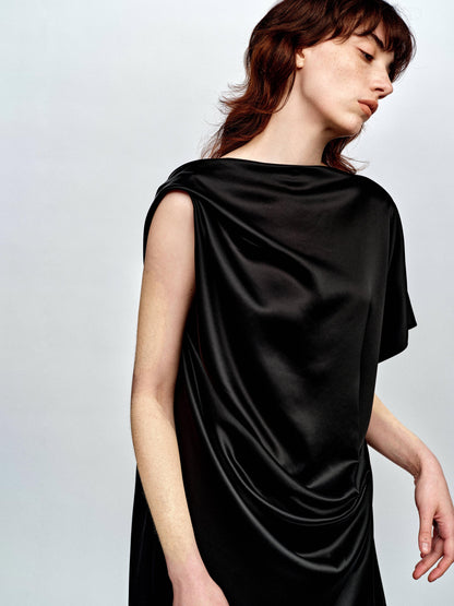 SERRER Black Pleated Rippling Backless Loose Acetate Dress - YASMIN.