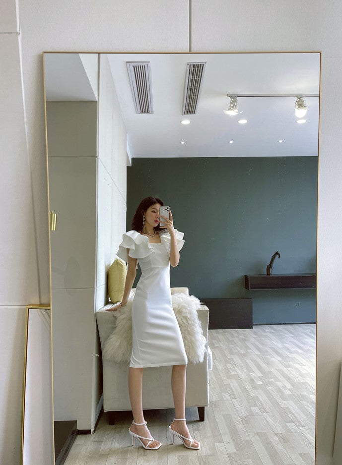 DOLLY Elegant Square Collar Ruffle Short Sleeves Slim Fit Midi Office Dress-HELEN