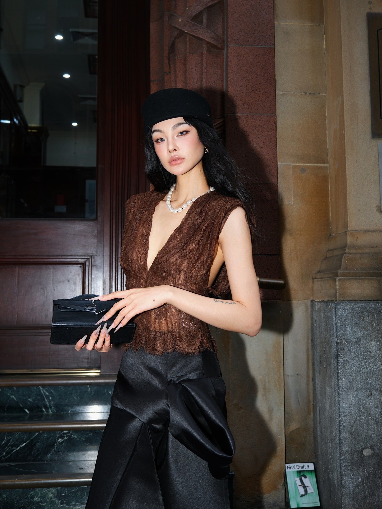 MEI SANGUAN Chocolate Padded-Shoulder Lace Camisole - ALEXANDER