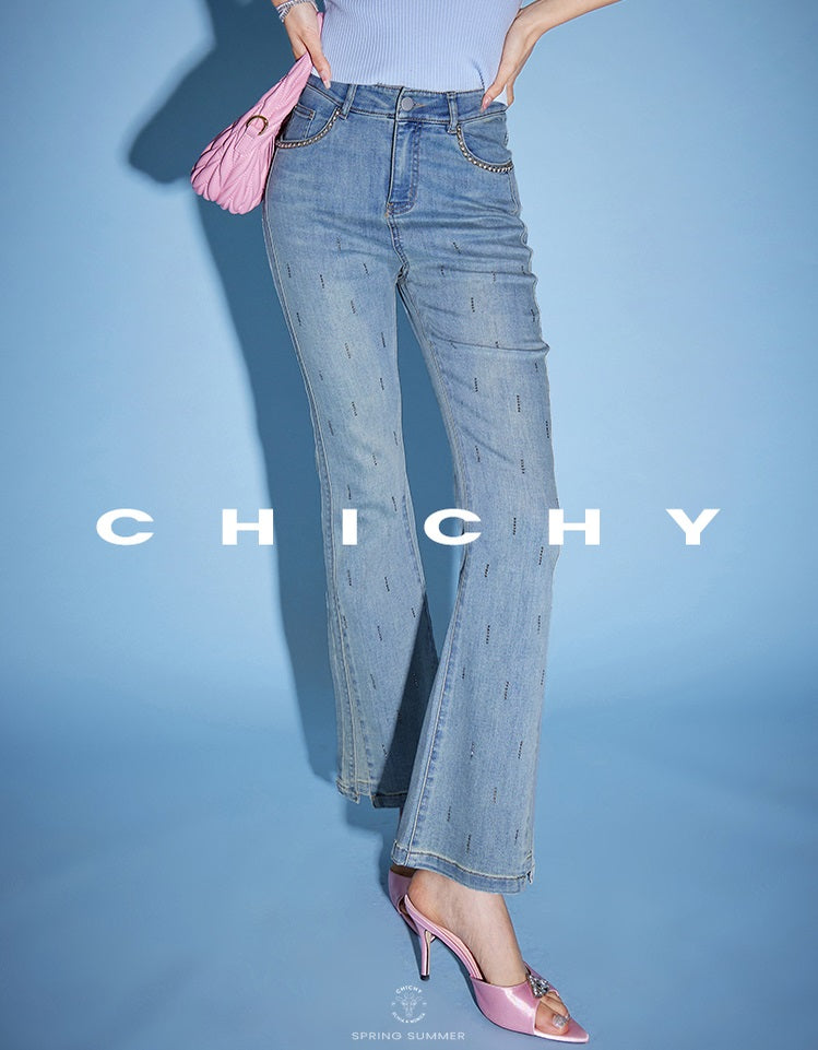 CHICHY chic bootcut high-waisted thin light blue long pants-SALLY