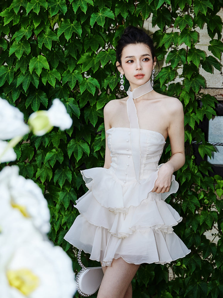 DOLLY Elegant Cream Colored Tube Top Fluffy Ruffle Birthday Dress-ANDORA (V)