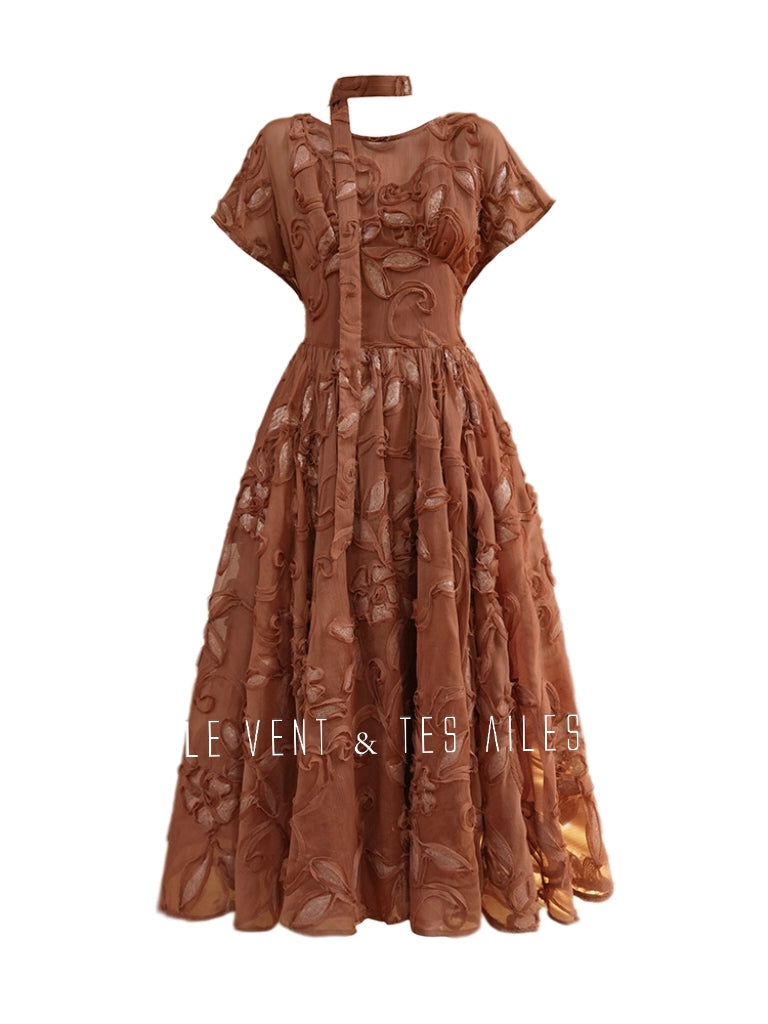 LE VENT&TES AILES Luxury French Disc Embroidered Sequin 3d Vintage brown Dress - LINA