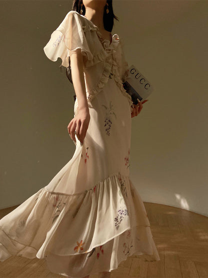 Aconiconi Luxury French Floral Print Slim Fit Hip Hug Dinner Dress- Primrose Whisper