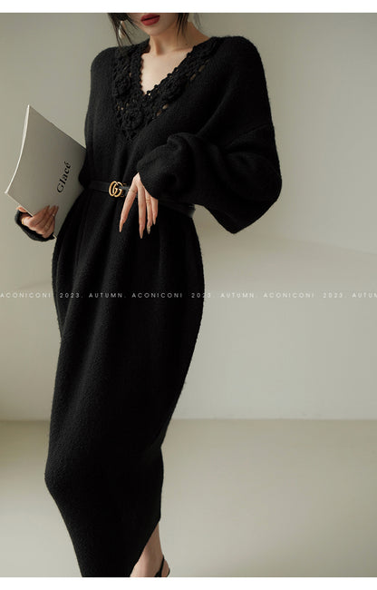 Aconiconi|Purple Flower Crochet openwork long cropped loose wool knit sweater  dress - Twilight