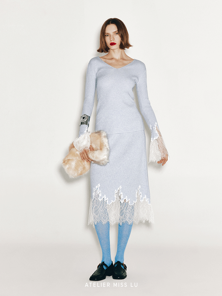 ATELIER MISS LU Fall/Winter elongated lace panelled cashmere wool skirt - JOY