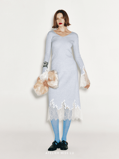 ATELIER MISS LU Fall/Winter elongated lace panelled cashmere wool skirt - JOY
