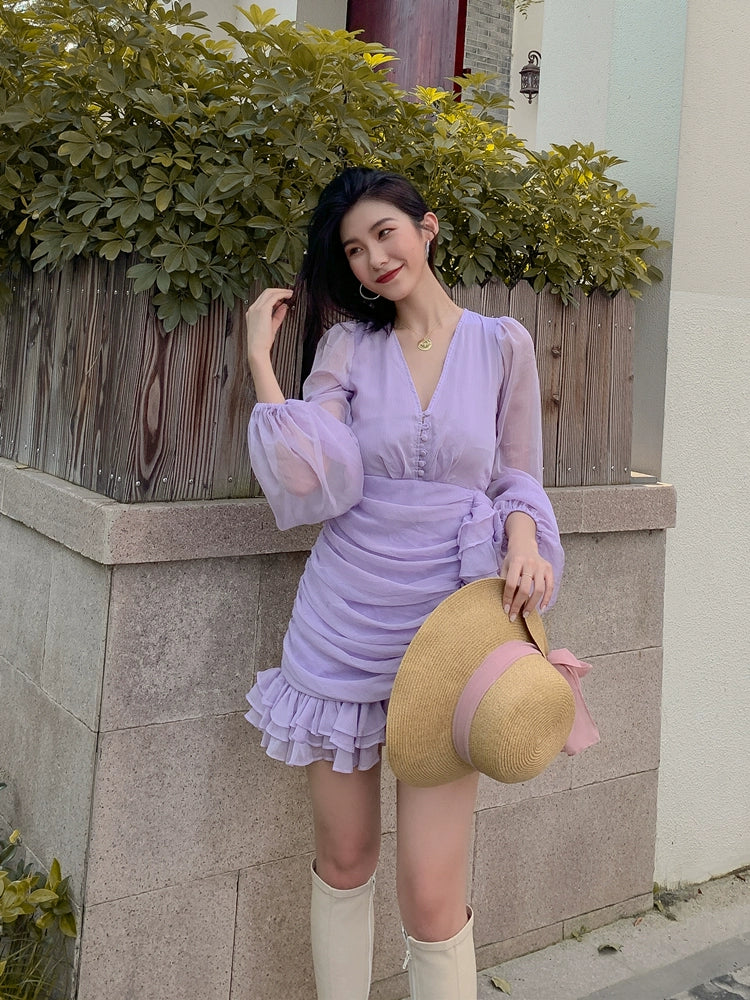 D0LLY Luxury French Style V-Neck Long Puff Sleeve Chiffon Pleated Ruffle Dress-VERA