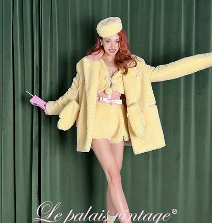 Le Palais Vintage Elegant Yellow Fur Short Warm Jacket-Pine - LILLY.