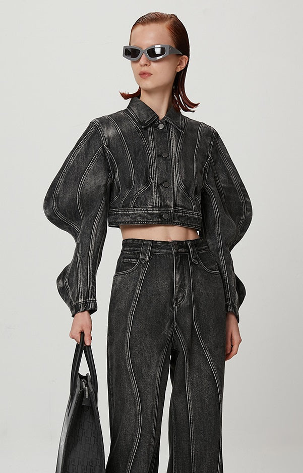 ANNAKIKI  Wave sleeve split denim jacket-MIDORIYA.