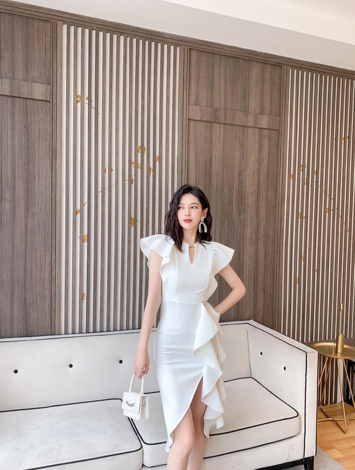 DOLLY Luxury V-Neck Short Sleeve High waist Slim Fit Irregular Hem Date Dress-LISA