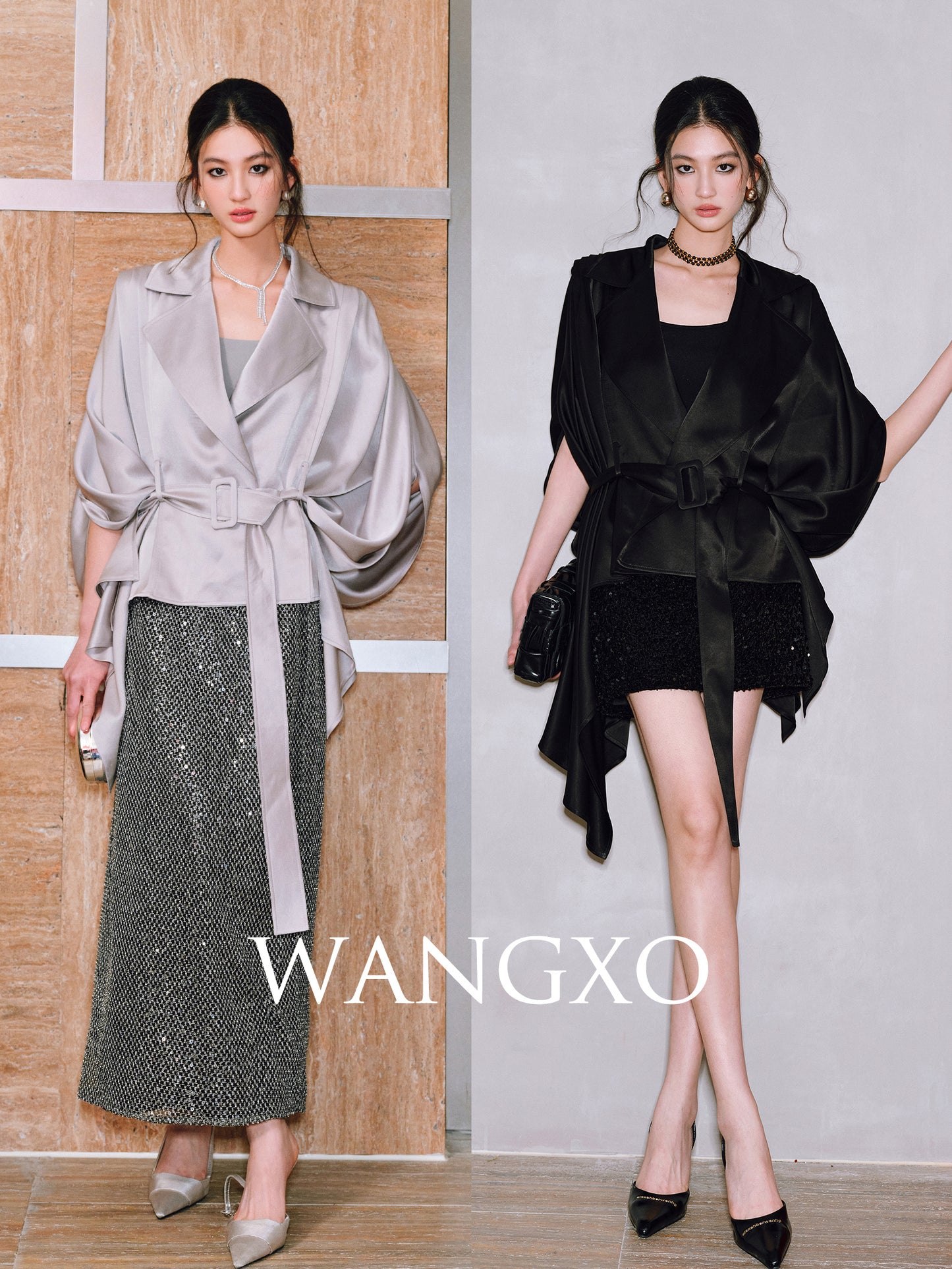 WANGXO | Acetate Double-Faced Satin Pleated Dolman Sleeve Belted Short Trench Coat-LARA.