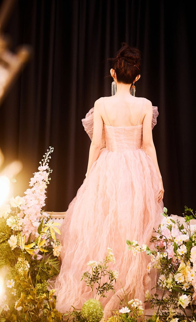 DOLLY Elegant Pink Sleeveless Big Bow Long Pleated Sequin Award Night Dress-CLEO  (V)