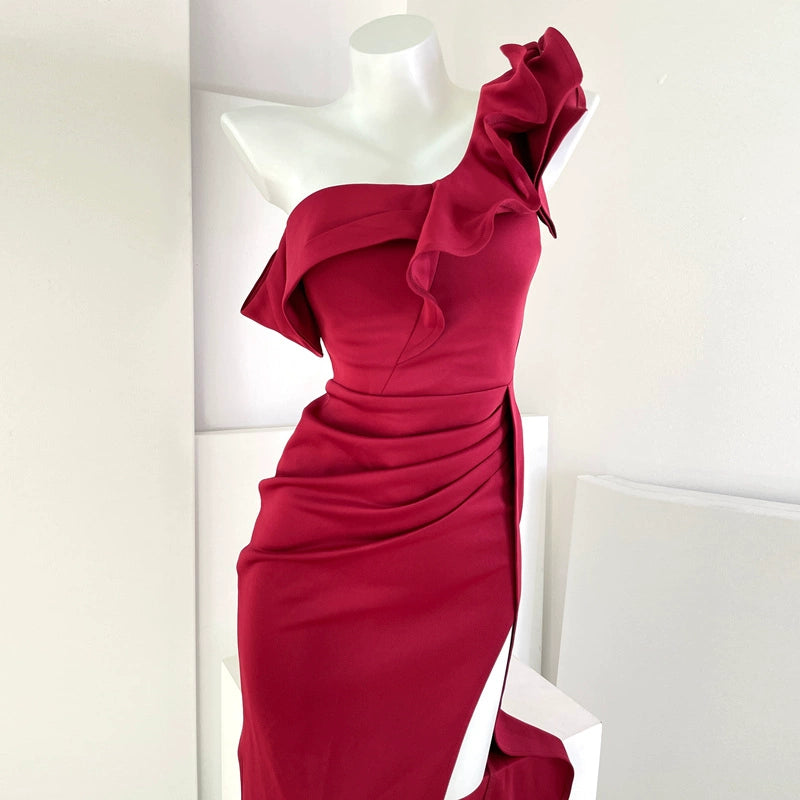 DOLLY Elegant Ruffled Off Shoulder Slim Fit Pleated Fish Tail Dinner Dress-EDITH