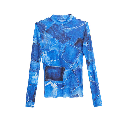 TINY IN denim print sun protection mesh long short sleeve t-shirt -IHU