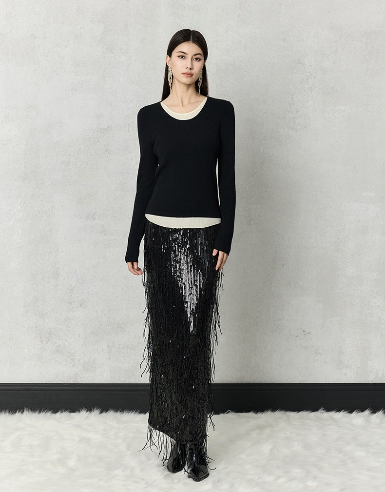 HECO 100% polyester Silver Black Sequins High Waist Slim Skirt Woman - sun.