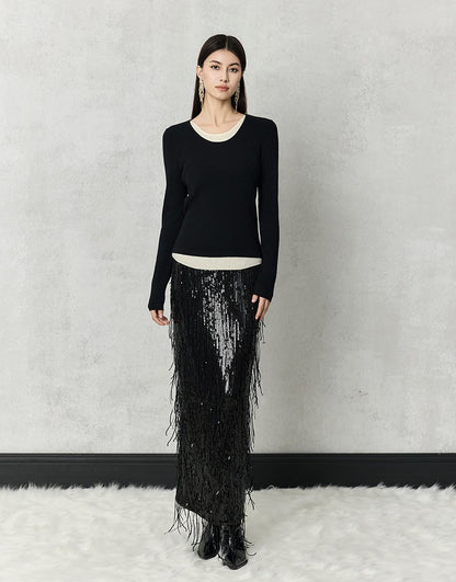 HECO 100% polyester Silver Black Sequins High Waist Slim Skirt Woman - sun.