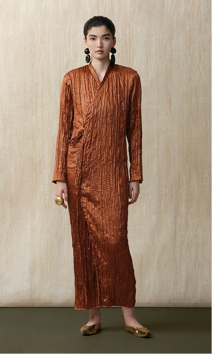 ZHUCHONGYUN Glossy Pleated Beaded Strap Straight Maxi Dress-YOKOZO.