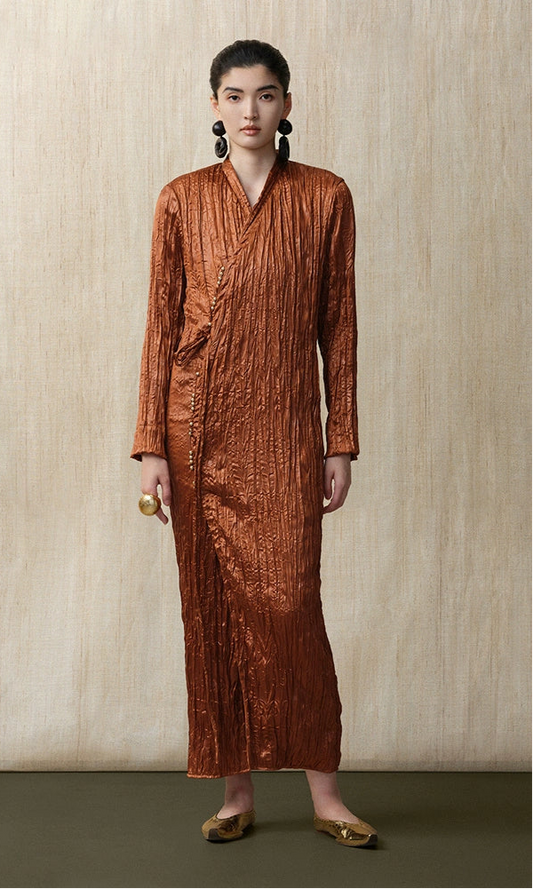 ZHUCHONGYUN Glossy Pleated Beaded Strap Straight Maxi Dress-YOKOZO.