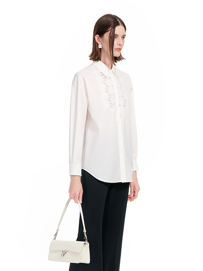 YES BY YESIR |  Stitched Lace Detail White Long-Sleeved Shirt -AMARIELLE.