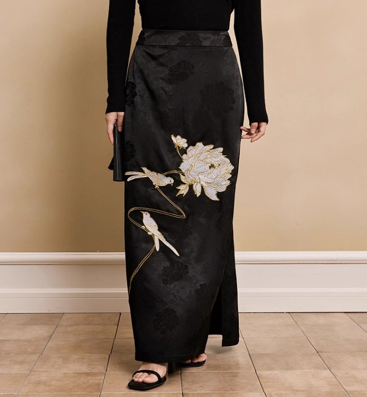 HECO Acetate Peony Jacquard Embroidery Side Slit Maxi Skirt  - SMART.