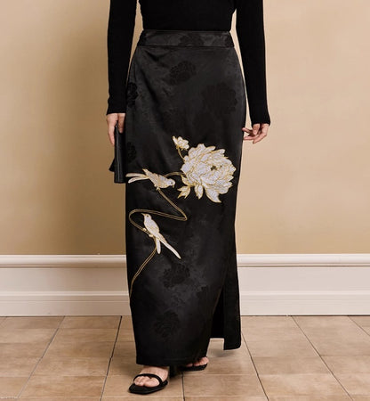 HECO Acetate Peony Jacquard Embroidery Side Slit Maxi Skirt  - SMART.
