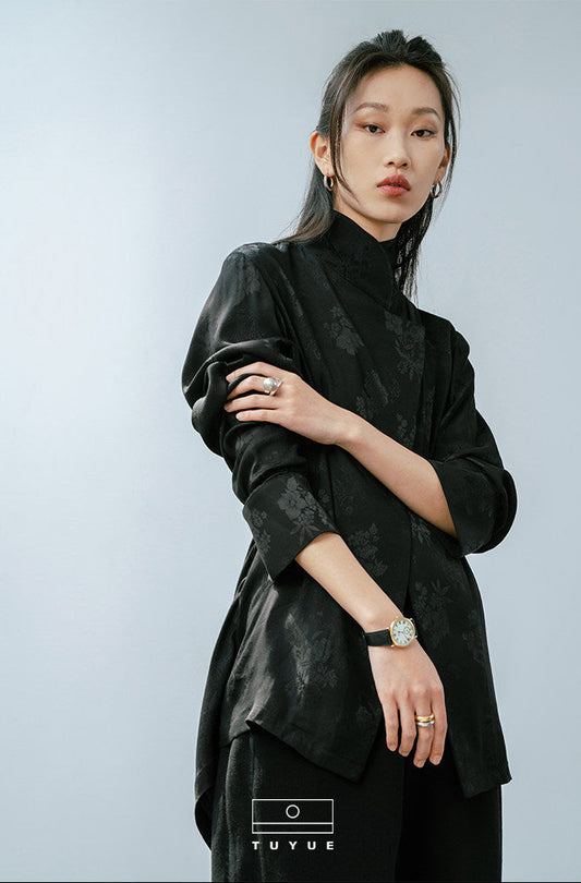 TUYUE Chinese style black light dress satin jacquard long-sleeved shirt- MIKE.