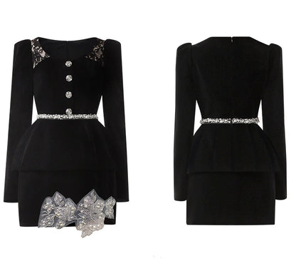 CHECOCRE Chic Black Three-dimensional Beaded Two-piece Suit Dress - KIKI