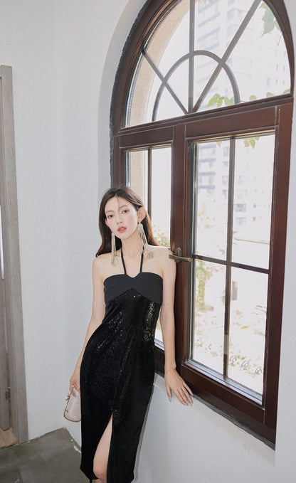 DOLLY Elegant Black Sequin Halter Neck Tube Top Slit Dinner Date Dress-VALENCIA