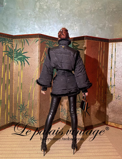 Le Palais Vintage Luxury Retro Black Cotton Short Fur Jacket + High Waist Skirt-Carla